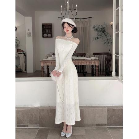 BY11304# 法式气质一字肩露肩连衣裙新款收腰显瘦蕾丝花边长裙 服裝批發女裝批發服飾貨源