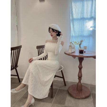 BY11304# 法式气质一字肩露肩连衣裙新款收腰显瘦蕾丝花边长裙 服裝批發女裝批發服飾貨源