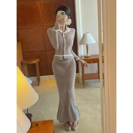 BY11308# 法式温柔风独特绝美连衣裙气质高级针织衫半身裙两件套 服裝批發女裝批發服飾貨源