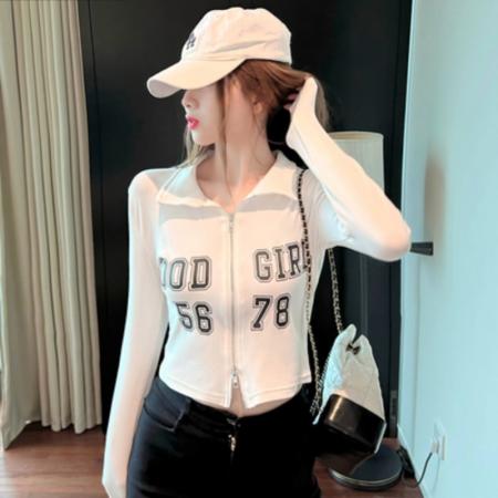 BY11319# 修身字母印花拉链短款上衣女春秋 服裝批發女裝批發服飾貨源