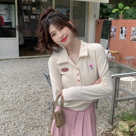 BY11321# 纯棉polo领长袖T恤女短款上衣 服裝批發女裝批發服飾貨源