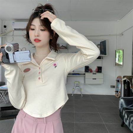 BY11321# 纯棉polo领长袖T恤女短款上衣 服裝批發女裝批發服飾貨源