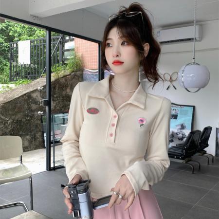 BY11321# 纯棉polo领长袖T恤女短款上衣 服裝批發女裝批發服飾貨源