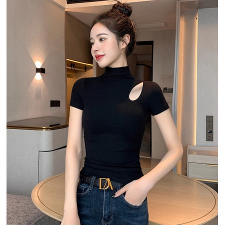 BY11322# 纯棉棉半高领短袖T恤女镂空 服裝批發女裝批發服飾貨源