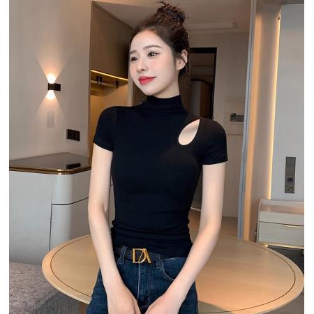 BY11322# 纯棉棉半高领短袖T恤女镂空 服裝批發女裝批發服飾貨源