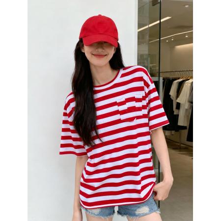 BY11325# 夏季新款红白条纹复古海魂度假风宽松T恤女慵懒女T恤 服裝批發女裝批發服飾貨源