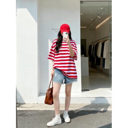 BY11325# 夏季新款红白条纹复古海魂度假风宽松T恤女慵懒女T恤 服裝批發女裝批發服飾貨源