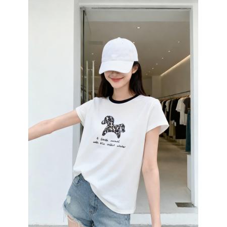 BY11326# 夏季新款撞色圆领豹纹小马刺绣短袖T恤女显瘦宽松 服裝批發女裝批發服飾貨源