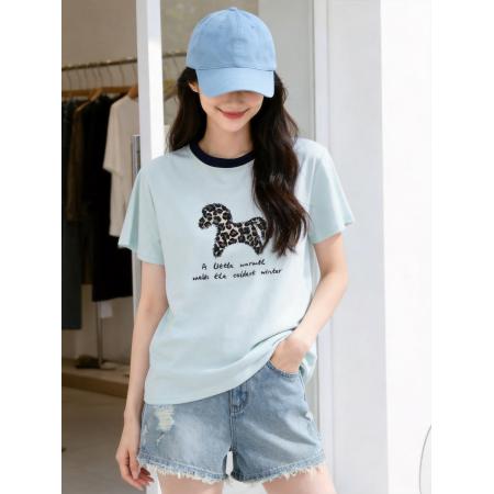 BY11326# 夏季新款撞色圆领豹纹小马刺绣短袖T恤女显瘦宽松 服裝批發女裝批發服飾貨源