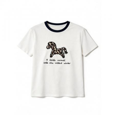 BY11326# 夏季新款撞色圆领豹纹小马刺绣短袖T恤女显瘦宽松 服裝批發女裝批發服飾貨源