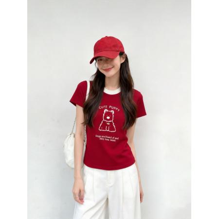 BY11327# 夏季新款元气少女感小狗刺绣图案夏季透气棉质短袖T恤 服裝批發女裝批發服飾貨源