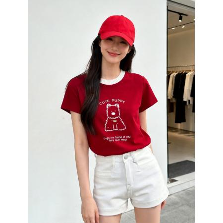 BY11327# 夏季新款元气少女感小狗刺绣图案夏季透气棉质短袖T恤 服裝批發女裝批發服飾貨源