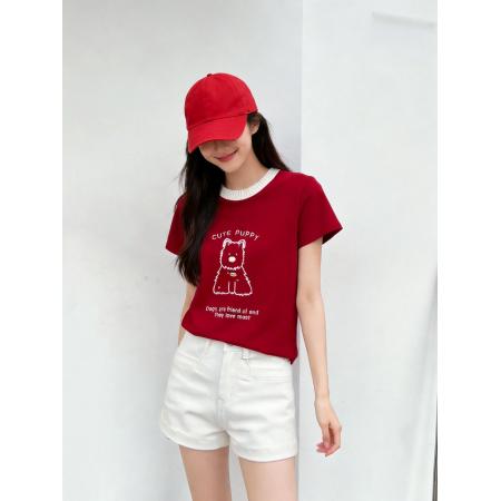 BY11327# 夏季新款元气少女感小狗刺绣图案夏季透气棉质短袖T恤 服裝批發女裝批發服飾貨源