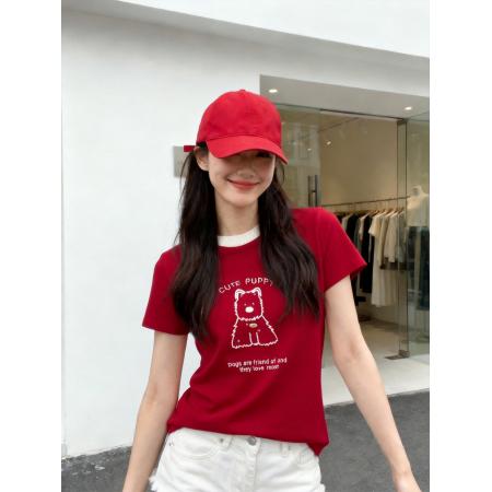 BY11327# 夏季新款元气少女感小狗刺绣图案夏季透气棉质短袖T恤 服裝批發女裝批發服飾貨源