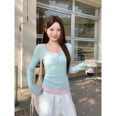 BY11328# 撞色拼接假两件长袖t恤女早春季新款修身显瘦内搭衫百搭上衣 服裝批發女裝批發服飾貨源