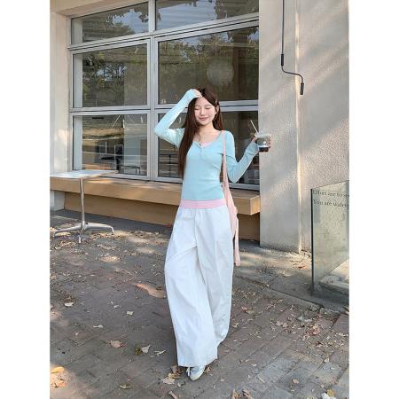 BY11328# 撞色拼接假两件长袖t恤女早春季新款修身显瘦内搭衫百搭上衣 服裝批發女裝批發服飾貨源