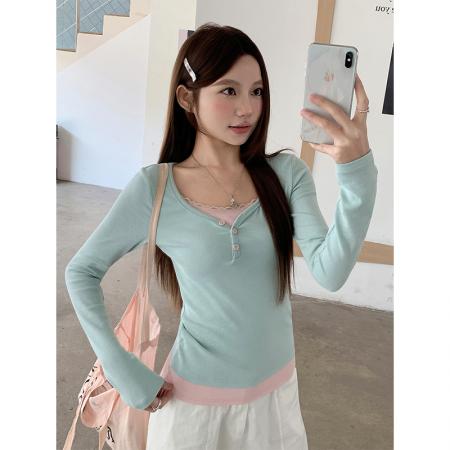 BY11328# 撞色拼接假两件长袖t恤女早春季新款修身显瘦内搭衫百搭上衣 服裝批發女裝批發服飾貨源