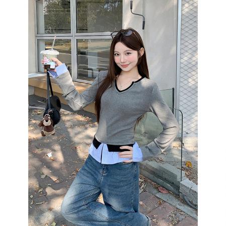 BY11329# 韩版撞色假两件v领刺绣t恤女春季新款时尚修身显瘦打底衫上衣 服裝批發女裝批發服飾貨源