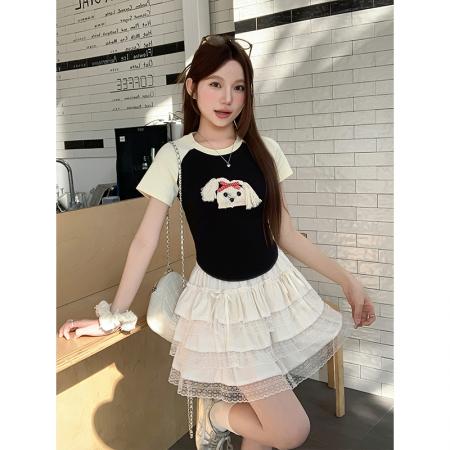 BY11331# 可爱小狗立体装饰插肩短袖袖t恤女夏季新款修身显瘦百搭上衣 服裝批發女裝批發服飾貨源