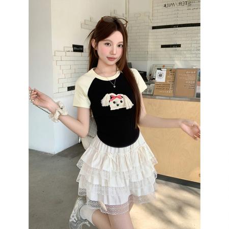BY11331# 可爱小狗立体装饰插肩短袖袖t恤女夏季新款修身显瘦百搭上衣 服裝批發女裝批發服飾貨源