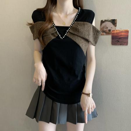 BY11332# 新款胖MM夏款时尚设计感一字肩小众假两件显瘦上衣 服裝批發女裝批發服飾貨源