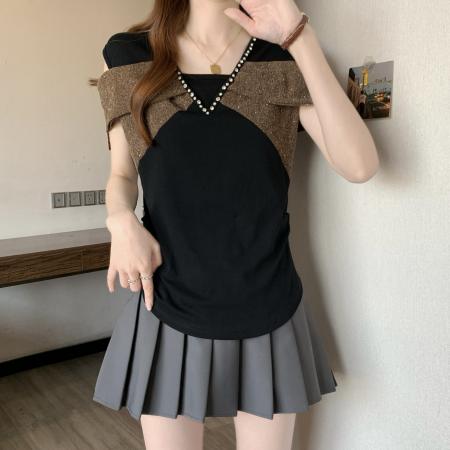 BY11332# 新款胖MM夏款时尚设计感一字肩小众假两件显瘦上衣 服裝批發女裝批發服飾貨源