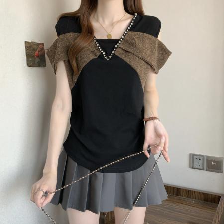 BY11332# 新款胖MM夏款时尚设计感一字肩小众假两件显瘦上衣 服裝批發女裝批發服飾貨源