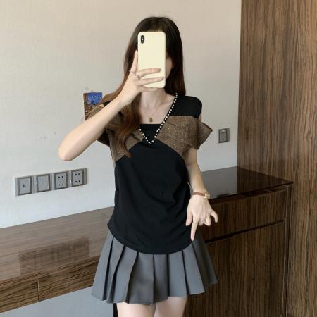 BY11332# 新款胖MM夏款时尚设计感一字肩小众假两件显瘦上衣 服裝批發女裝批發服飾貨源