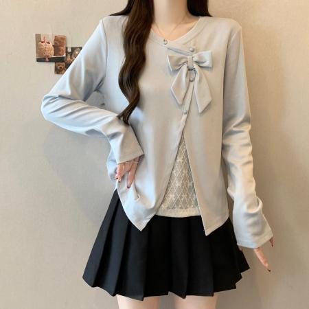 BY11333# 新款春款大码胖MM设计感假两件拼接蕾丝花边上衣百搭小衫 服裝批發女裝批發服飾貨源