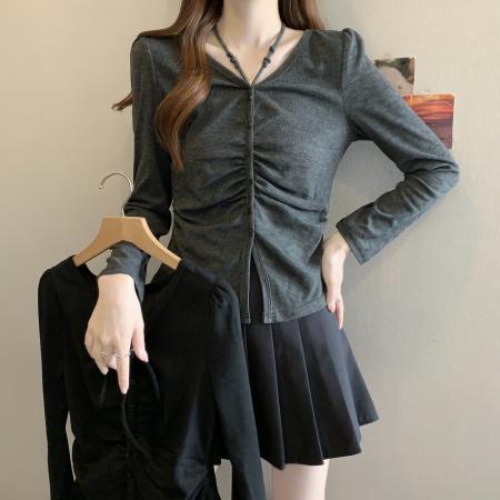 BY11335# 新款胖MM春款时尚设计感小众抽绳挂脖系带显瘦v百搭上衣 服裝批發女裝批發服飾貨源