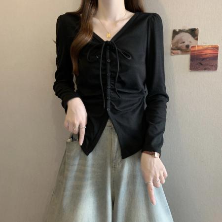 BY11335# 新款胖MM春款时尚设计感小众抽绳挂脖系带显瘦v百搭上衣 服裝批發女裝批發服飾貨源