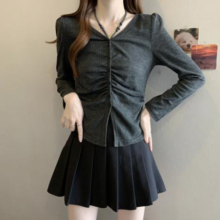 BY11335# 新款胖MM春款时尚设计感小众抽绳挂脖系带显瘦v百搭上衣 服裝批發女裝批發服飾貨源