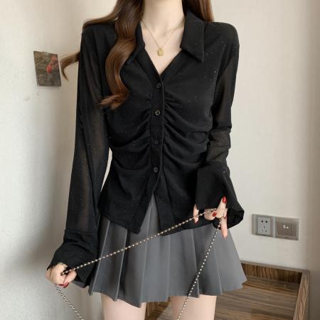 BY11336# 新款春款大码女装胖MM设计感闪金小众显瘦百搭衬衫上衣 服裝批發女裝批發服飾貨源