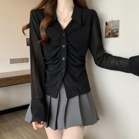 BY11336# 新款春款大码女装胖MM设计感闪金小众显瘦百搭衬衫上衣 服裝批發女裝批發服飾貨源