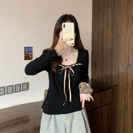 BY11337# 新款春款大码女装设计感拼接蕾丝显瘦百搭上衣 服裝批發女裝批發服飾貨源