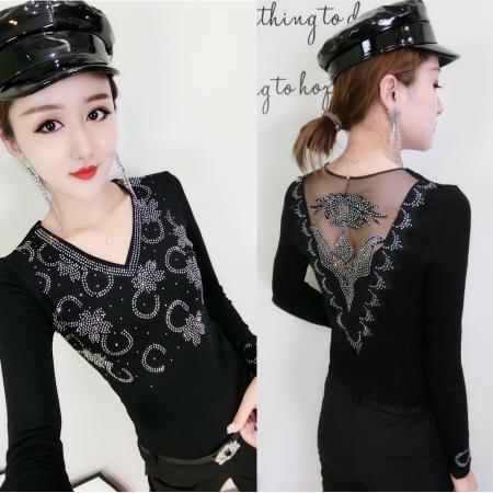 BY11338# 春装新款修身显瘦时尚花边镂空重工烫钻圆领T恤小衫女 服裝批發女裝批發服飾貨源