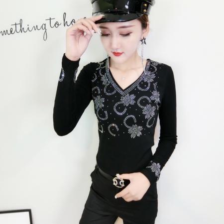 BY11338# 春装新款修身显瘦时尚花边镂空重工烫钻圆领T恤小衫女 服裝批發女裝批發服飾貨源