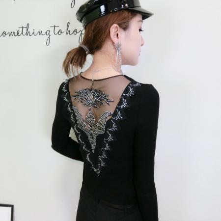 BY11338# 春装新款修身显瘦时尚花边镂空重工烫钻圆领T恤小衫女 服裝批發女裝批發服飾貨源