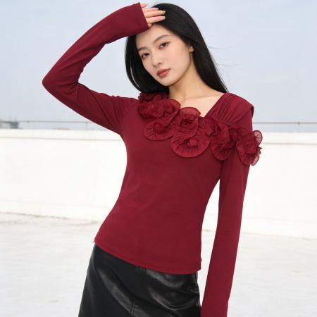 BY11339# 春季新款时尚花朵木耳边百搭网纱露肩修身显瘦长袖t恤小衫 服裝批發女裝批發服飾貨源