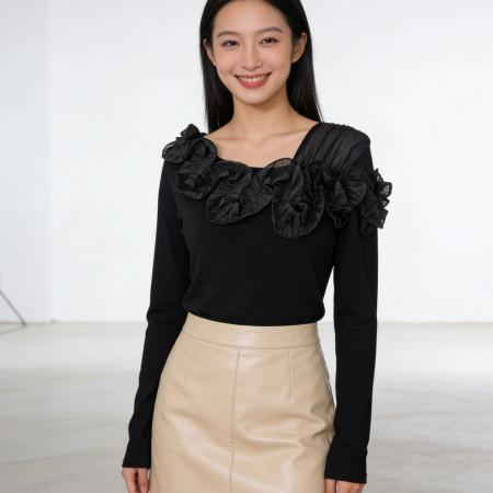 BY11339# 春季新款时尚花朵木耳边百搭网纱露肩修身显瘦长袖t恤小衫 服裝批發女裝批發服飾貨源
