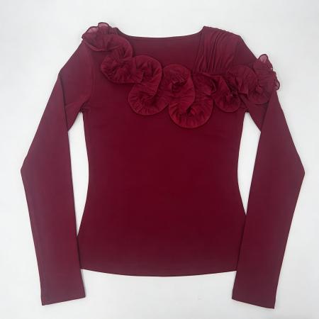 BY11339# 春季新款时尚花朵木耳边百搭网纱露肩修身显瘦长袖t恤小衫 服裝批發女裝批發服飾貨源