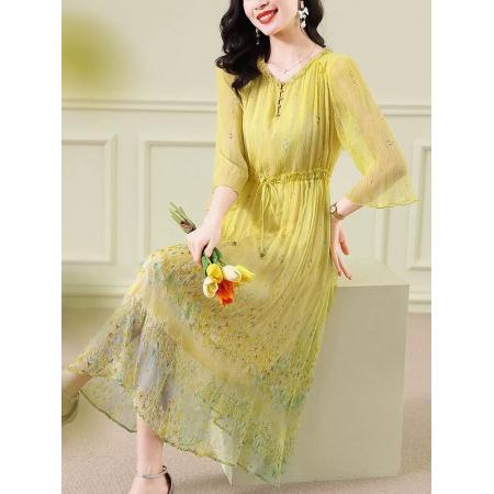 BY11341# 连衣裙春季新款高端精致收腰气质裙薄款桑蚕丝减龄碎花裙 服裝批發女裝批發服飾貨源