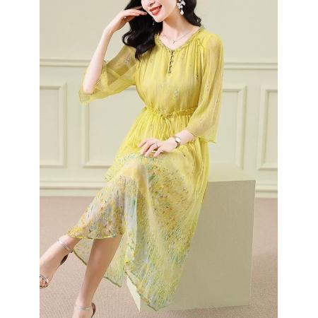 BY11341# 连衣裙春季新款高端精致收腰气质裙薄款桑蚕丝减龄碎花裙 服裝批發女裝批發服飾貨源