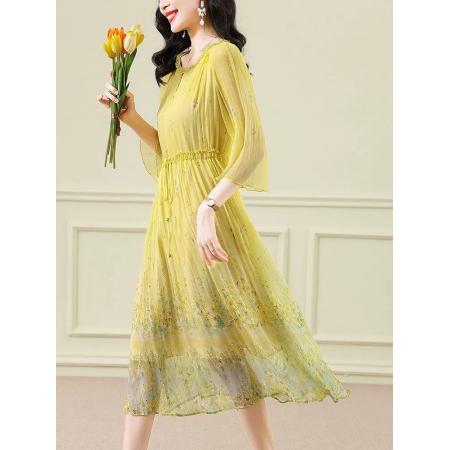 BY11341# 连衣裙春季新款高端精致收腰气质裙薄款桑蚕丝减龄碎花裙 服裝批發女裝批發服飾貨源