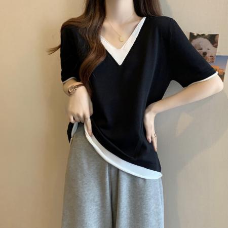 BY11350# 大码女装夏季新款冰丝上衣胖mm妹妹V领显瘦T恤体恤衫 服裝批發女裝批發服飾貨源