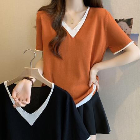 BY11350# 大码女装夏季新款冰丝上衣胖mm妹妹V领显瘦T恤体恤衫 服裝批發女裝批發服飾貨源