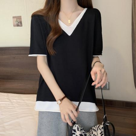 BY11350# 大码女装夏季新款冰丝上衣胖mm妹妹V领显瘦T恤体恤衫 服裝批發女裝批發服飾貨源