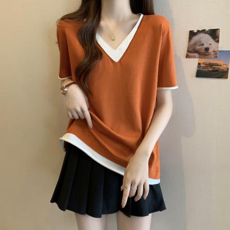 BY11350# 大码女装夏季新款冰丝上衣胖mm妹妹V领显瘦T恤体恤衫 服裝批發女裝批發服飾貨源