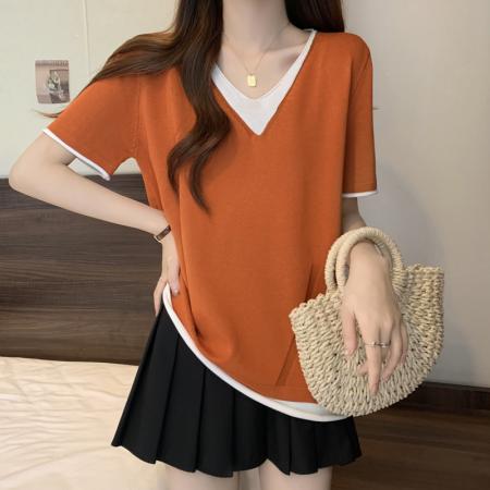 BY11350# 大码女装夏季新款冰丝上衣胖mm妹妹V领显瘦T恤体恤衫 服裝批發女裝批發服飾貨源