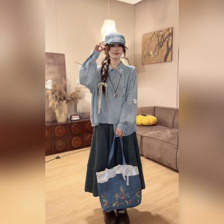 BY11351# 小卓衬衫浮游旧梦时尚春季复古设计感刺绣长袖衬衣21261 服裝批發女裝批發服飾貨源